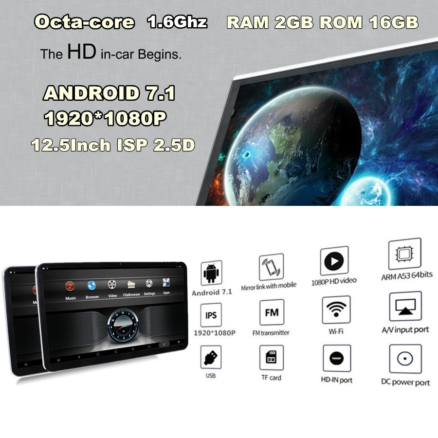 Пара 12,5 HD 1080P Android 7,1 ram 2GB rom 16GB Octa-core 1,6 GHz wifi 3g/4G BT HDMI подголовник заднего сиденья мониторы сенсорный экран