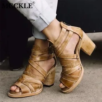 

MCCKLE Women Summer Sandals Zipper Crose Tied Chunky Heels Woman Pu Leather Retro Open Toe Female Casual Fashion Shoes Sandalias