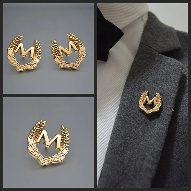 Vintage Lapel Pin Collar Pin Gold Letter M Shape for Men Suit