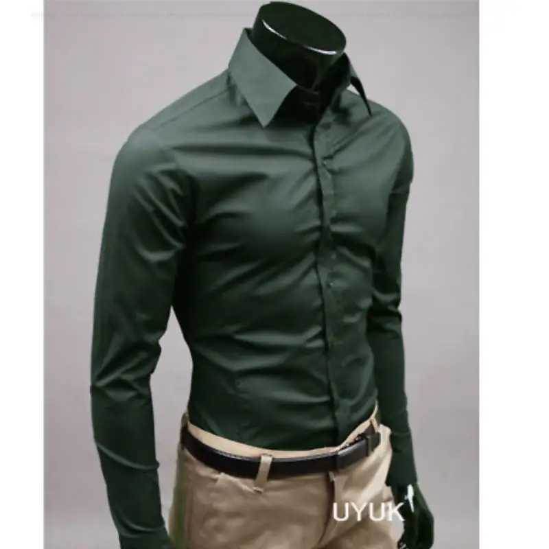 Dark green 2019мужская рубашка с длинным рукавом, модные мужские повседневные рубашки, хлопок, сплошной цвет, Бизнес Стиль, приталенная, Social Camisas Masculina RD464 - Цвет: Dark green