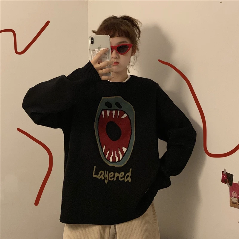 

Harajuku Big Mouth Sweater Female 2020 Autumn Sweater Women Loose Round Neck Long Sleeve Sweater Cartoon Pattern Sweater Cotton