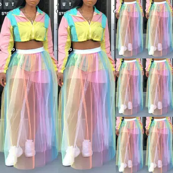 

US Women Sexy Rainbow Bohemia Mesh Maxi Long Skirt High Waist Summer Beach Skirts Tulle See Through Skirts