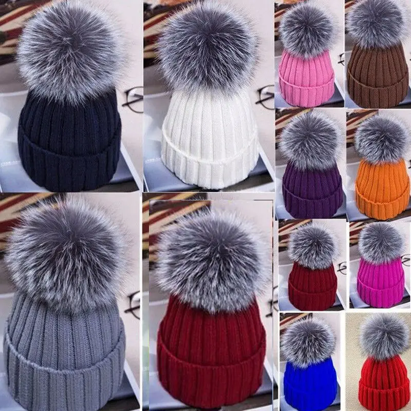 Модная шапка, большой мяч, женская шапка, зимняя шапка из лисьего меха, вязаная круглая Лыжная шапка, многоцветные мягкие теплые удобные повседневные Шапки
