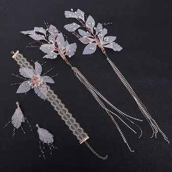 

FORSEVEN Fashion Crystal Pearls Lace Necklace Long Tassel Hairpins Headpieces Pendant Earrings Bride Noiva Wedding Jewelry Sets