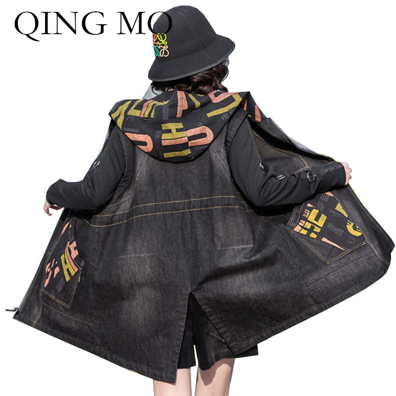 Женский джинсовый жилет с надписью QING MO зимний черный тренчкот из денима модель