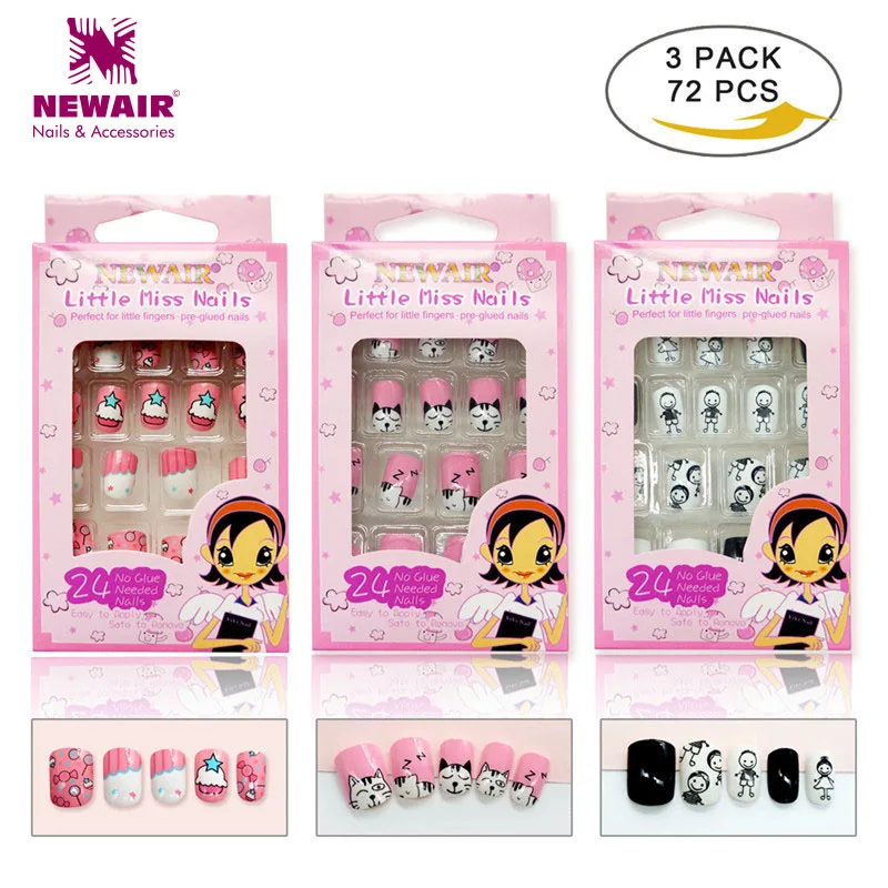 

72PCS Pre-glue False Nails with Box 3 Set Pink Kids Press on Fake Nails Tips ABS DIY Children Artificial Nail Art Accessories