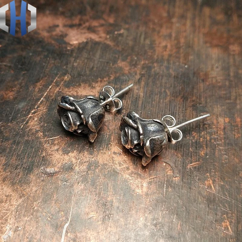 

Original Handmade Dark Skull Death Rose Earrings 925 Creative Earrings