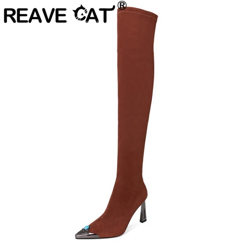 Женские облегающие сапоги REAVE CAT ботфорты на необычном металлическом каблуке с