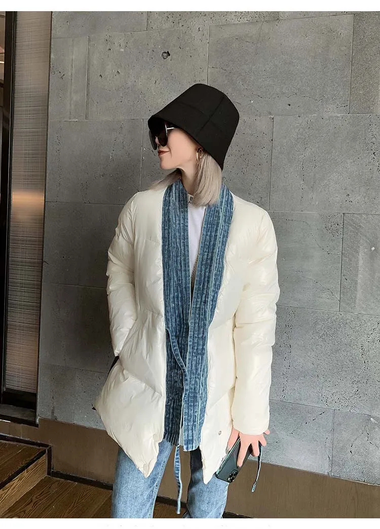 WHITNEY WANG Parkas Зимняя мода уличная джинсовая Лоскутная перекрестные пояса Женская парка с хлопковой подкладкой Толстое Зимнее пальто