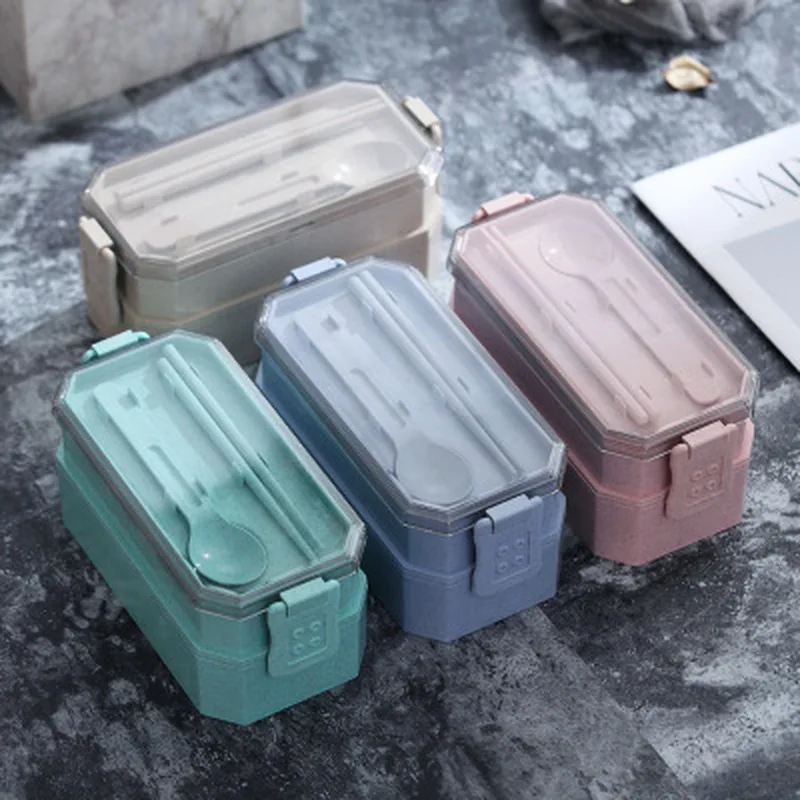 

800ml Healthy Material 2 Layer Lunch Box Wheat Straw Bento Boxes Microwave Dinnerware Food Storage Container Lunchbox