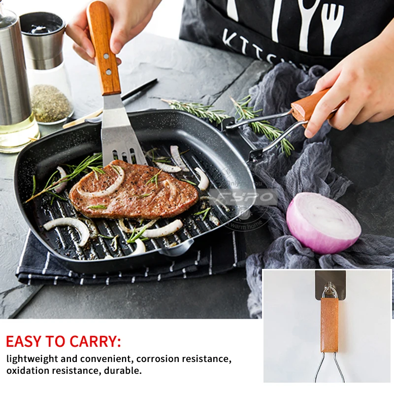 Steak Frying Pan, Cast Iron Non Stick Portable Grill, Deep Square Griddle  Pan with Folding Wooden Handles Cooking Pans