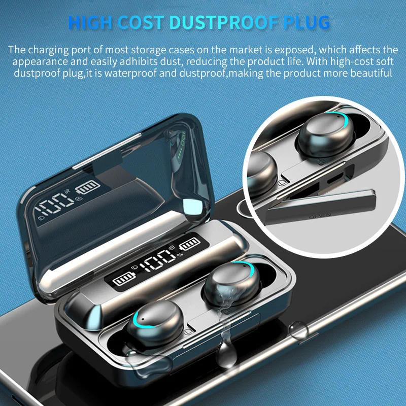 New F9 Wireless Headphones TWS Bluetooth 5 0 Earphones 8D HIFI Stereo Waterproof Earbuds Headsets Charging Box With Microphone