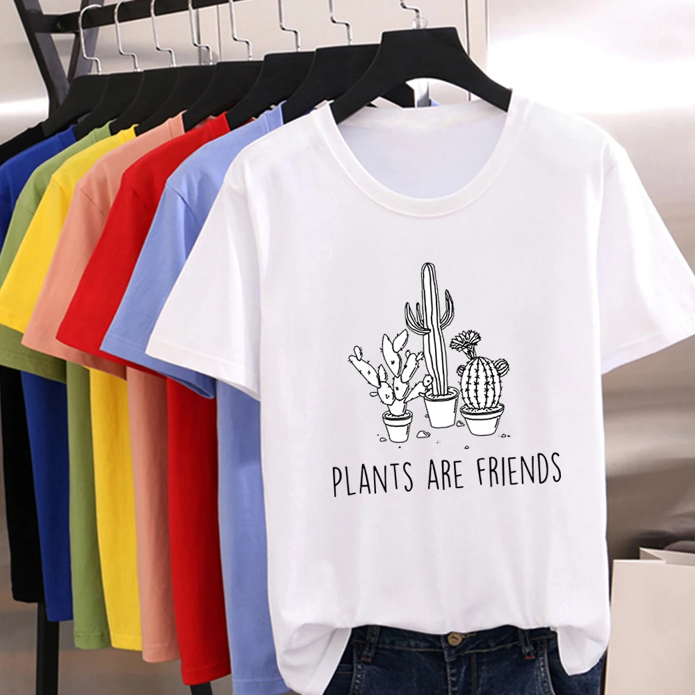 

Plants are Friends Letter Cactus Printing Women T-Shirt Harajuku Aesthetic Fashion Cool Tee Shirt Loose O-neck Multicolor Tshirt