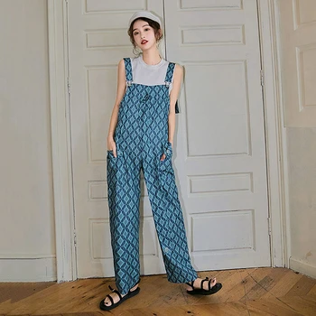 

Plaid Denim Jumpsuit Women Spring Jeans Overalls Pockets Rompers Vintage Blue Basic Jean Pants Female Bib Pants Body Jeans KZ138