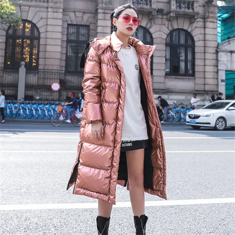 

Korean Red Glossy Long Hooded Down Cotton Jacket and Coats Women Winter Oversize Loose Thick Warm Parkas Mujer Overcoat Female