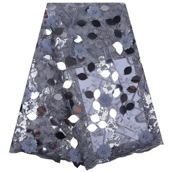 

Leaf Style Big Sequins 3D Flower African Dry Lace Fabric Gray French Lace Fabrics With Beads Sequins For Nigerian Dress 1726