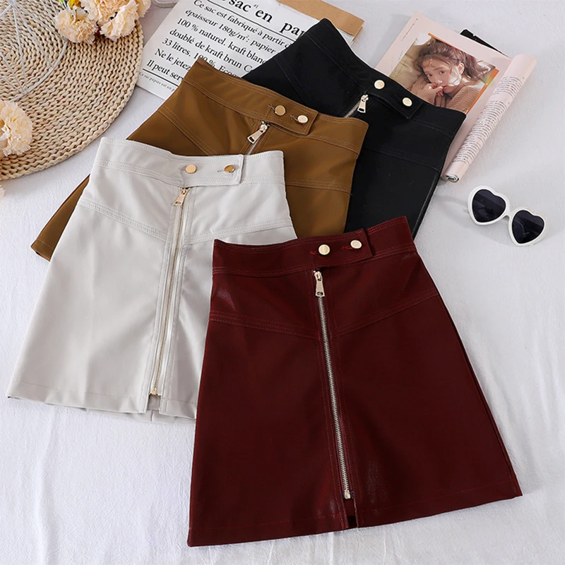 

Pu Leather Skirt Women Front Zipper A Line Wrap High Waist Skirts 2020 Autumn Winter All Match Fashion Leather Skirt Lady