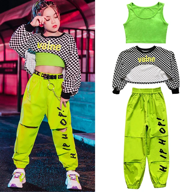New Girls Hip Hop Clothing Jazz Costume Lattice Tops Fluorescent Green  Pants Modern Show Outfit Rave