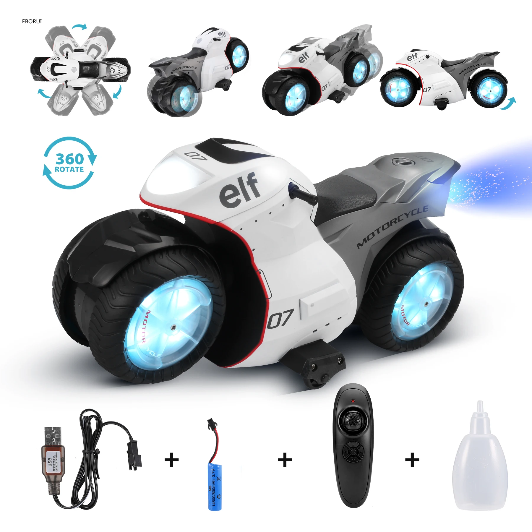 

EBORUI High Speed RC Motorcycle 2WD 2.4Ghz 360° Spinning Action Rotating Drift Remote Control Stunt Motorbike for Kids Toy Gift