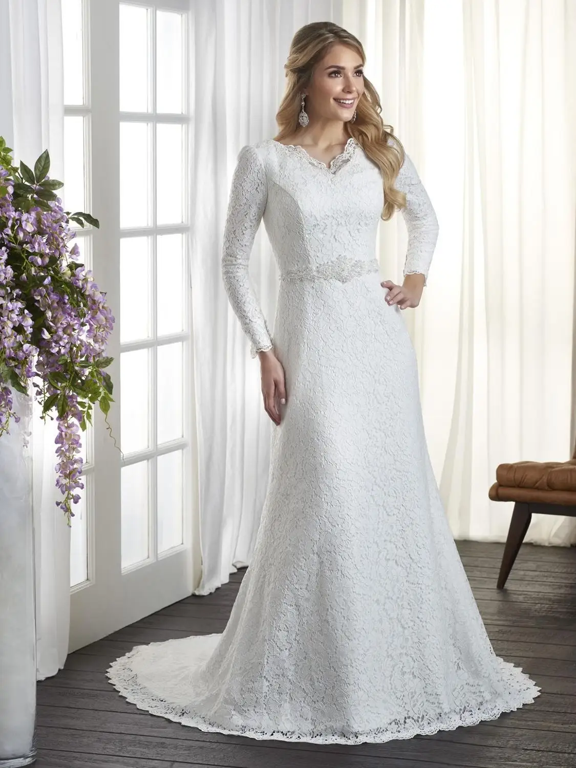 

Vintage Lace Mermaid Modest Wedding Dresses With Long Sleeves V Neck Simple LDS Bridal Gowns Full Sleeves Custom Made