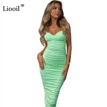 Liooil белый сексуальный спинки Ruched Bodycon Midi платье без рукавов без бретелек бандаж ночной клуб вечерние бесшовная плотно прилегающая юбка платья