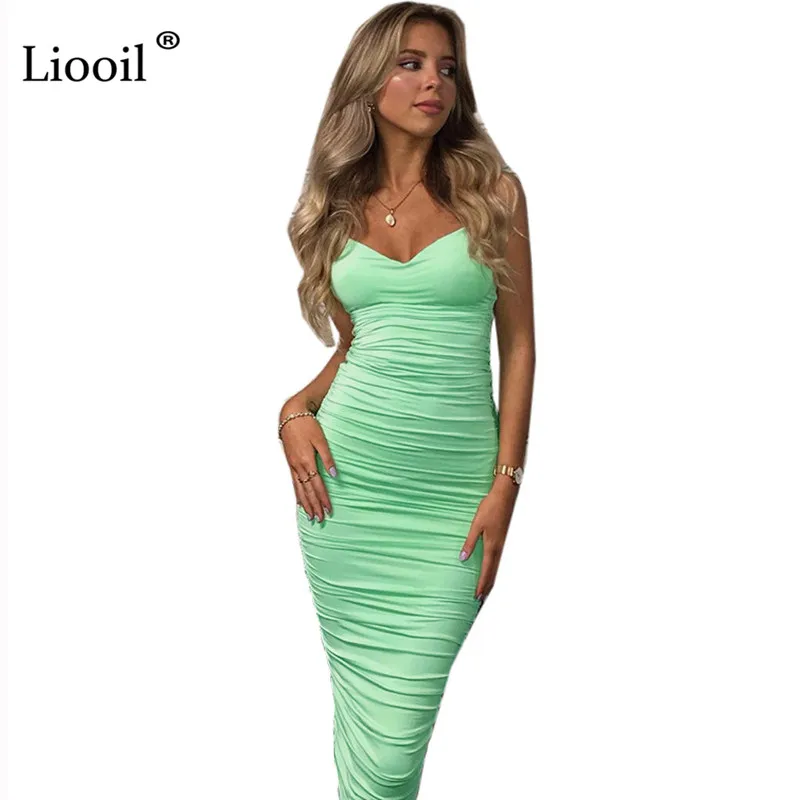 Liooil White Sexy Backless Ruched Bodycon Midi Dress 2022 Sleeveless Strapless Bandage Night Club Party Tight Fitted Dresses