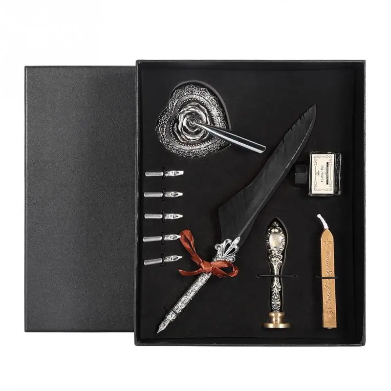 

European Retro Quill Alloy Feather Writing Dip Pen With Pen Nibs Gift Box Set With Ink Bottle-Black