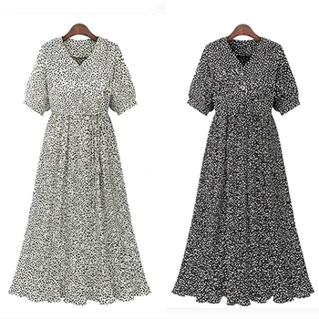 

New Plus Size XL- 4XL Women Vestidos 2020 Summer Pleated Printed Dresses V-Neck Female Robe Short Sleeve Long Dresses Clothing