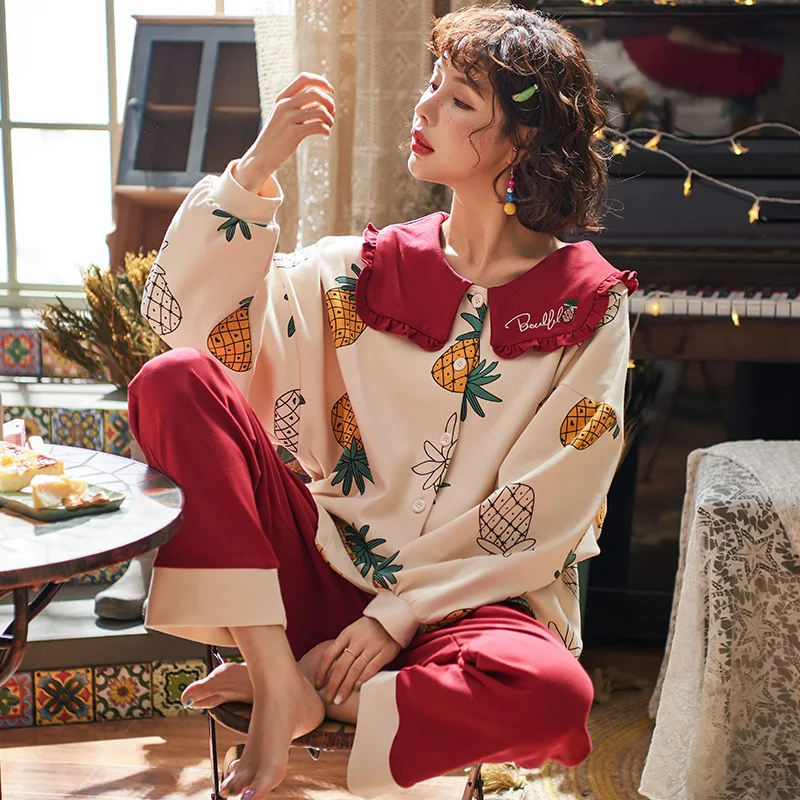 Goede Nieuwe Thuis Dragen Lange Mouw Katoen Herfst Winter Nachtkleding Toevallige Slaap Set 2 Stuks Nachtkleding Leuke Babydoll Pyjama Pyjama Pak