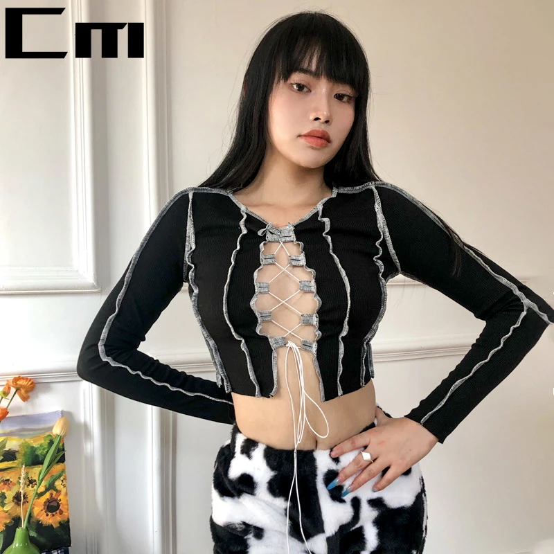 2020 Women Sexy Hollow Out Bandage Tops Women Black Ribbed Knitting Tee Shirt Female 2020 Autumn Club Party Street Casual Wear
