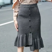 Новое поступление, осенние женские вязаные асимметричные юбки с высокой талией, модные одноцветные узкие сексуальные Фасонная юбка для женщин