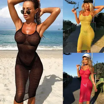 

Women Lace Summer Bodycon Dress Swimwear Cover Up Sexy Lady Sleeveless Strap See-Through Slim Dress Knee-Length Beach Dress