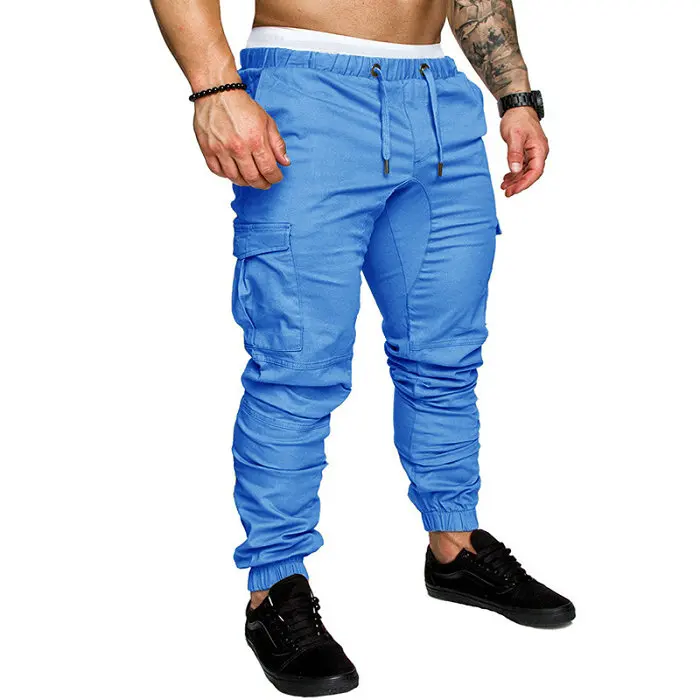 Новинка, повседневные штаны для бега, одноцветные, мужские хлопковые эластичные длинные брюки, pantalon homme, военные армейские брюки-карго, мужские Леггинсы - Цвет: Light blue