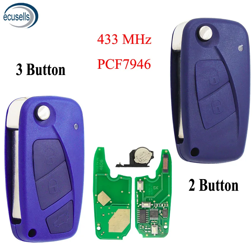 Blue 2 Button 3 Remote Key 433Mhz PCF7946 Chip Flip Folding For Fiat 500 Panda Idea Punto Stilo Ducato | Автомобили и мотоциклы
