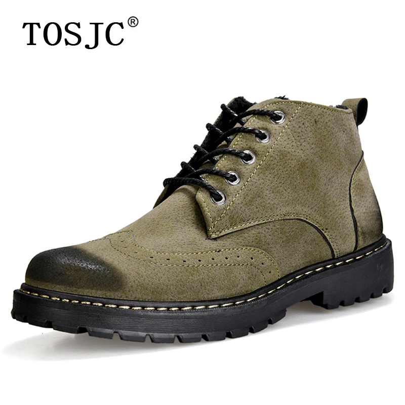 

TOSJC Winter Mens Fur Ankle Boots Warm Anti-Skid Snow Boots Vintage Cowboy Boots for Male Fashion Plush Boots Brogue Work Shoes
