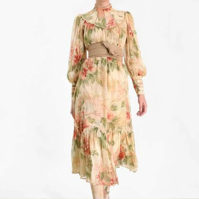 

TVVOVVIN New Autumn 2019 Vintage Style Print Full Lantern Sleeve Turleneck Mid-calf With Sashes Women Straight Dress F352