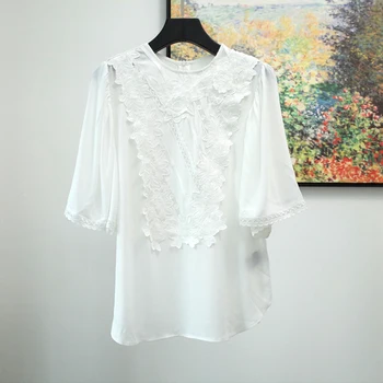 

Women Shirt New Fashion Lace Embroidery Applique Top 100% Viscose Blouses