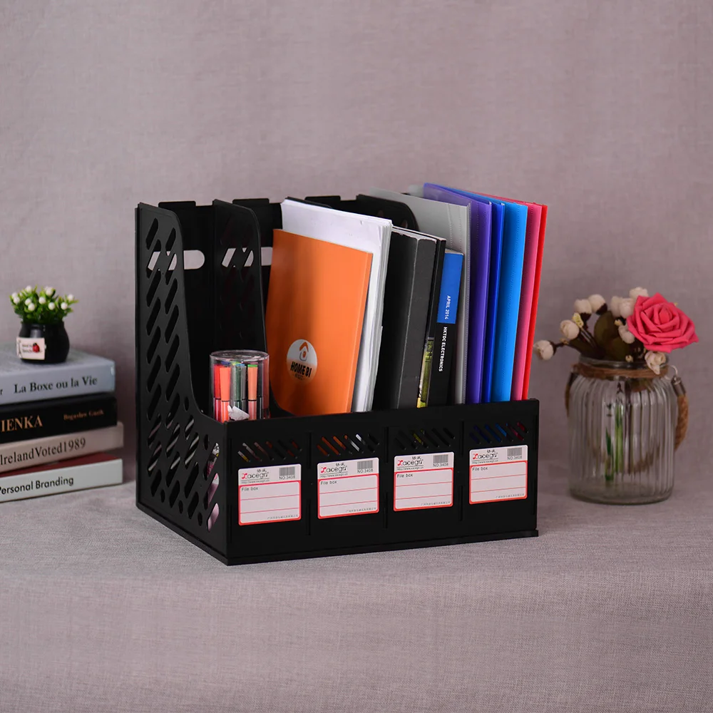 

Plastic Holder File Divider Document Cabinet Rack Storage 4 Section Magazine Organizer Box for School Office Desktop