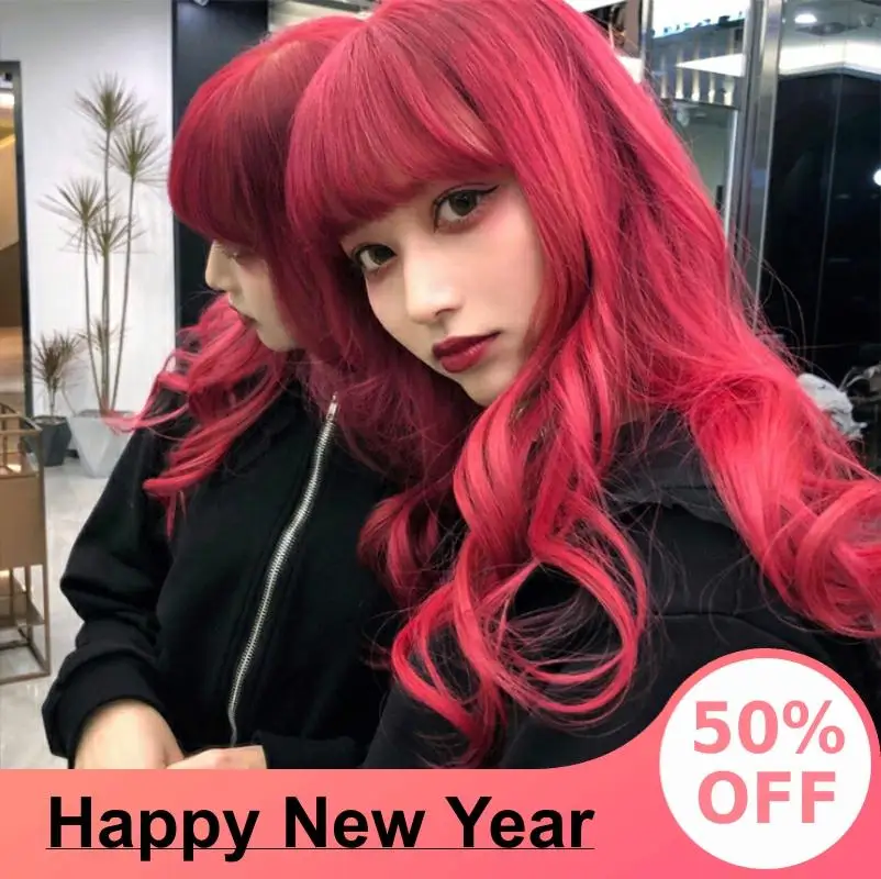 

High Temperature Silk Wig Air Bangs Fashionable Pink Girl Big Wave Curl Hair Wig Cap HIAISB