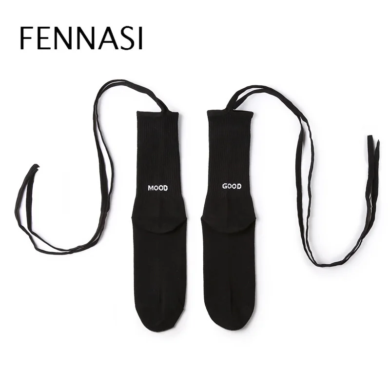 

FENNASI Spring Summer Fashion Trend Cotton Crew Woman Socks Japanese Personality Solid Color Letters Tied Rope Funny Socks