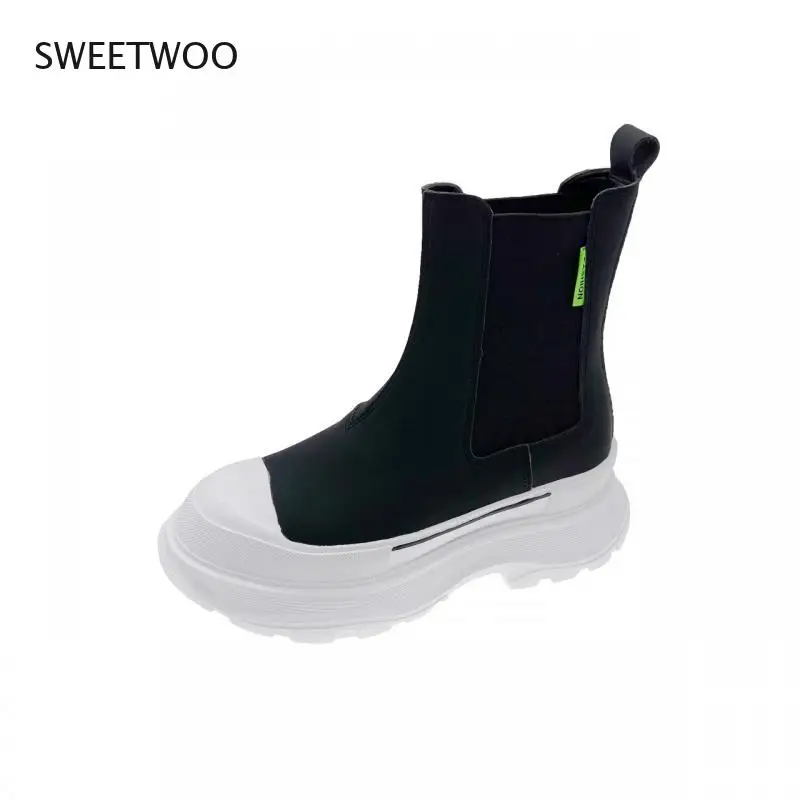 2021 Winter Ankle Boots For Women Platform Boots Chunky Black Leather Brand Fashion White Black Round Toe Boots Shoes Woman