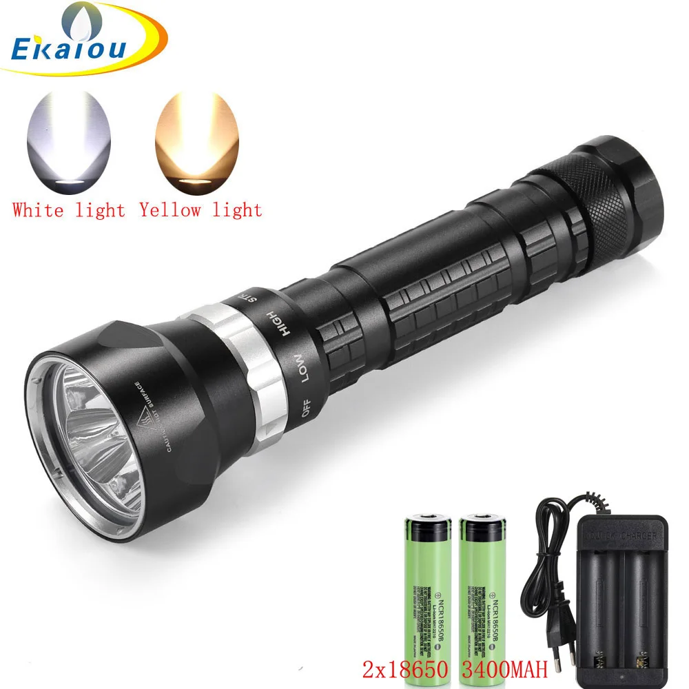 new Diving Flashlight 4xXHP50 LED dive Light IPX8 100M Underwater Tactical Torch Yellow/White Light Outdoor Scuba Lantern