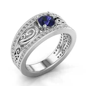 

Boho Round Blue Zircon Stone Ring Fashion Sliver Color Craved Ring Bridal Promise Wedding Ring For Women