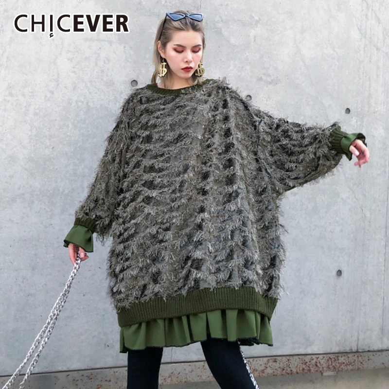 CHICEVER Patchwork Tassel T Shirt For Women O Neck