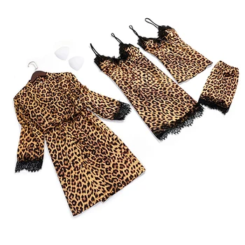 

4pcs Sexy Lace Night Smooth With Pants V Neck Valentine Day Soft Summer Sleeping Leopard Printing Women Sleepwear Set Daily Thin