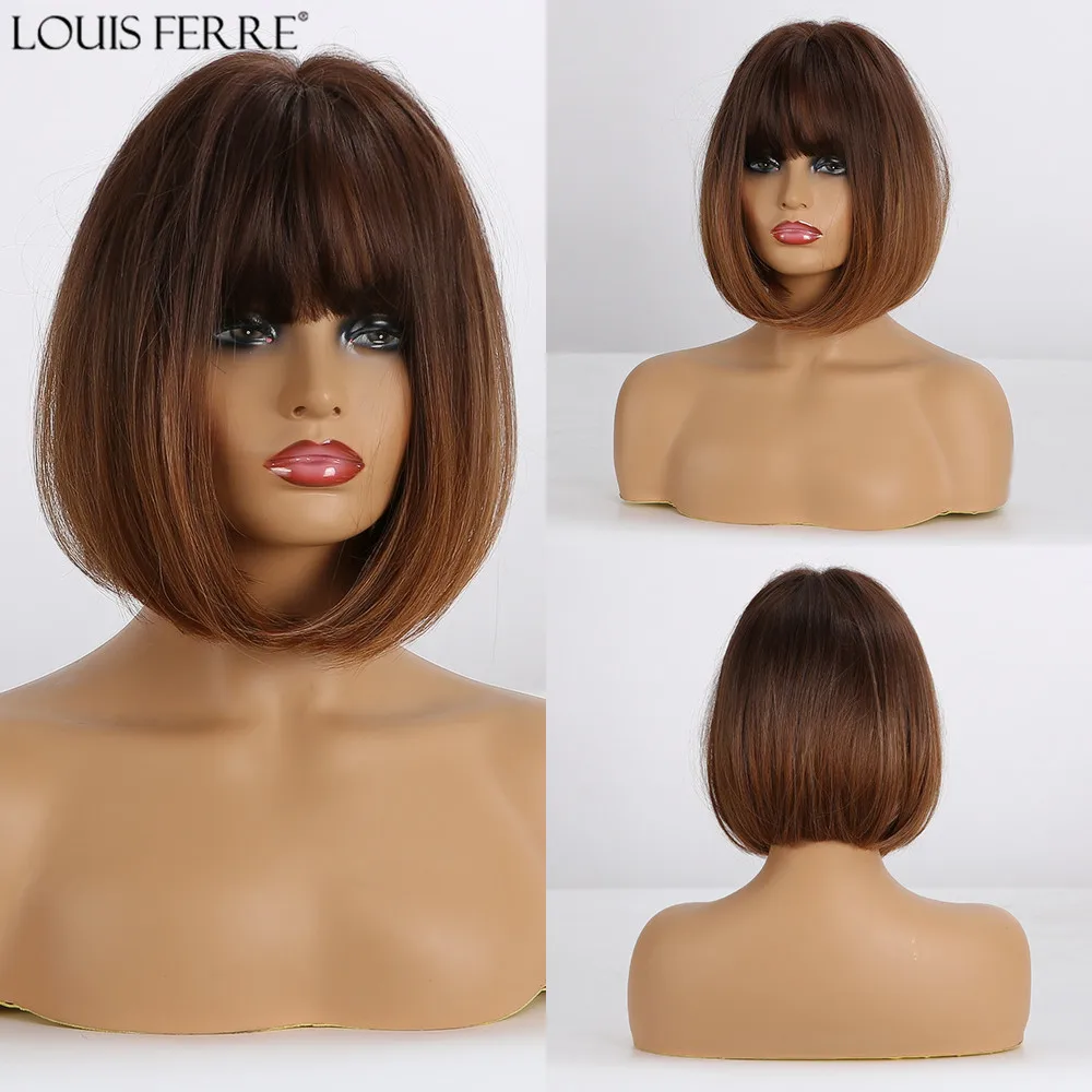 

LOUIS FERRE Ombre Brown Honey Short Wigs Bob Style Straight Synthetic Wigs with Bangs Lolita Bobo Wigs for Black Women Afro