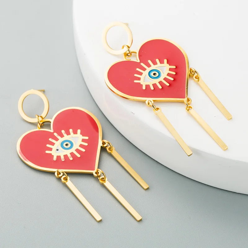 2020 New Christmas Gift ZA Fashion Enamel Evil Eye Heart Gold Tassel Drop Earrings For Women Bohemian Red Heart Eye Earring