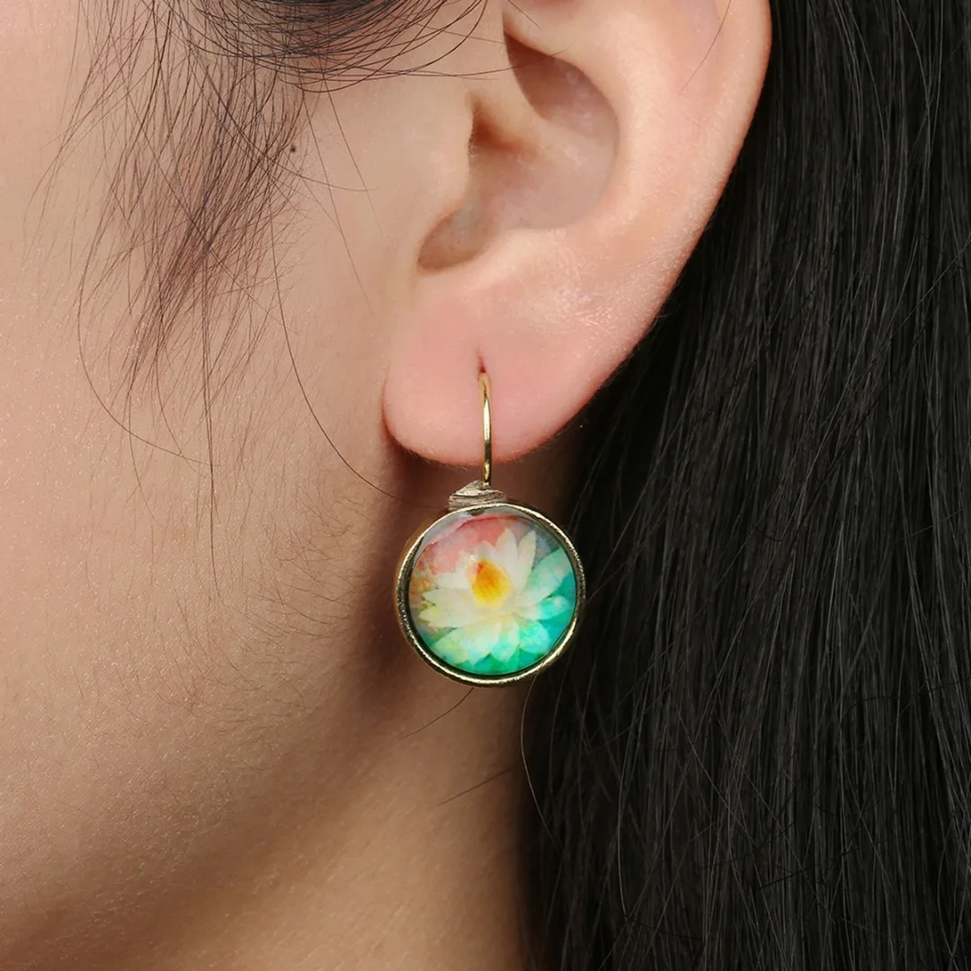 Vintage Colorful Round Flower Ear Stud Classical Retro Ethnic Stylish Earrings Unique Charming Women Jewelry Chic Accessories