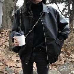 New Spring Coat Women Faux Leather Jacket Biker Red White Coat Turndown Collar PU Motorcycle Jackets Loose Streetwear Outerwear