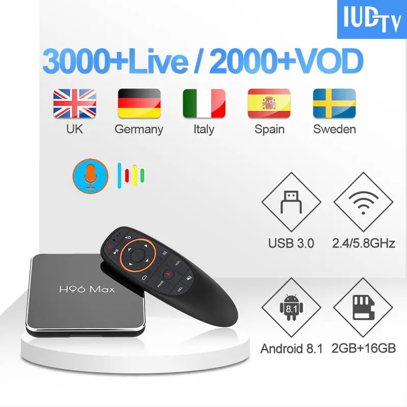 

Greece IP TV France Spain H96 MAX IUDTV Android 8.1 Set top box Voice control Dual-wifi European Greek Netherlands IP TV Belgium